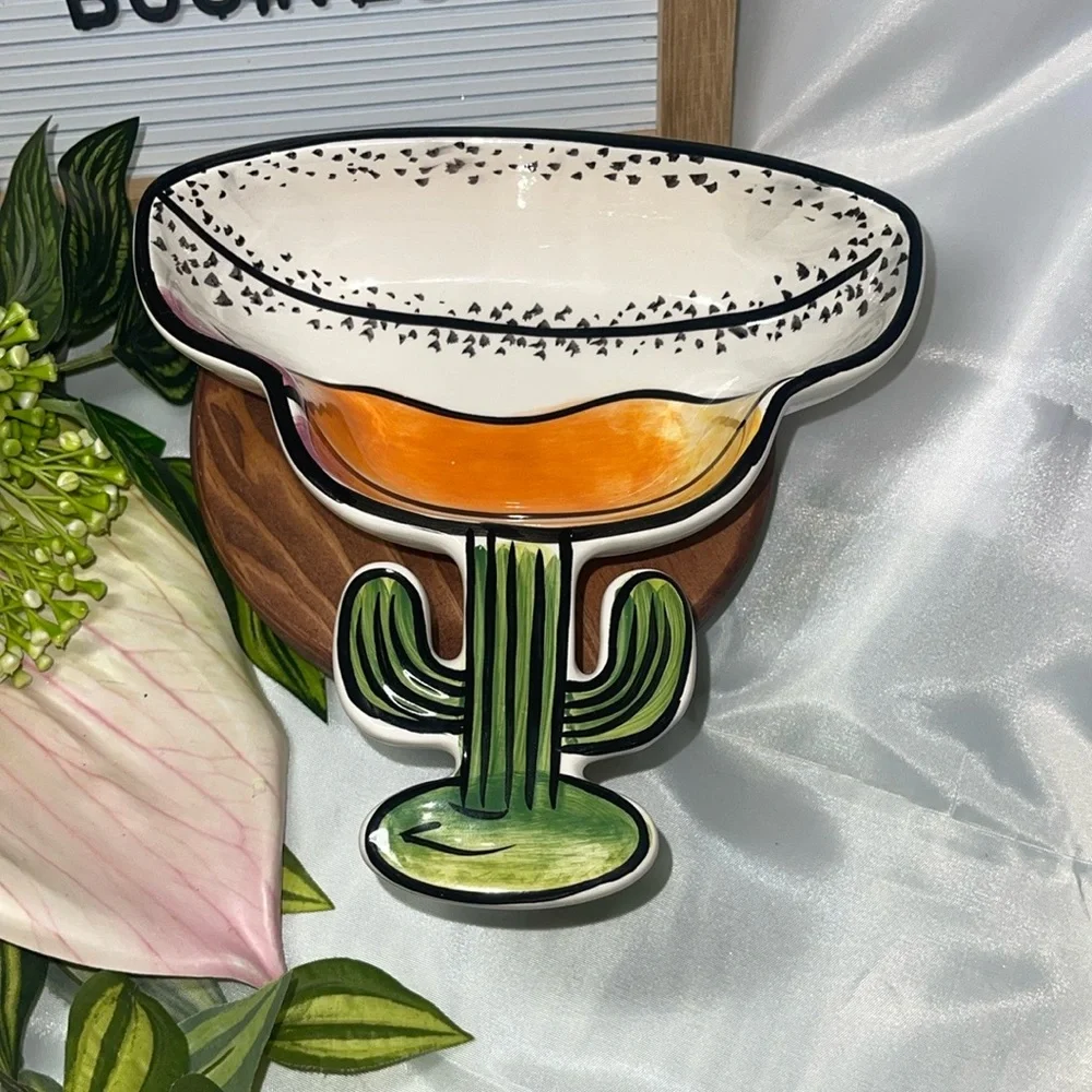 Clay Art Margarita Cactus Ceramic Dish – Fun Novelty Server – pink and orange